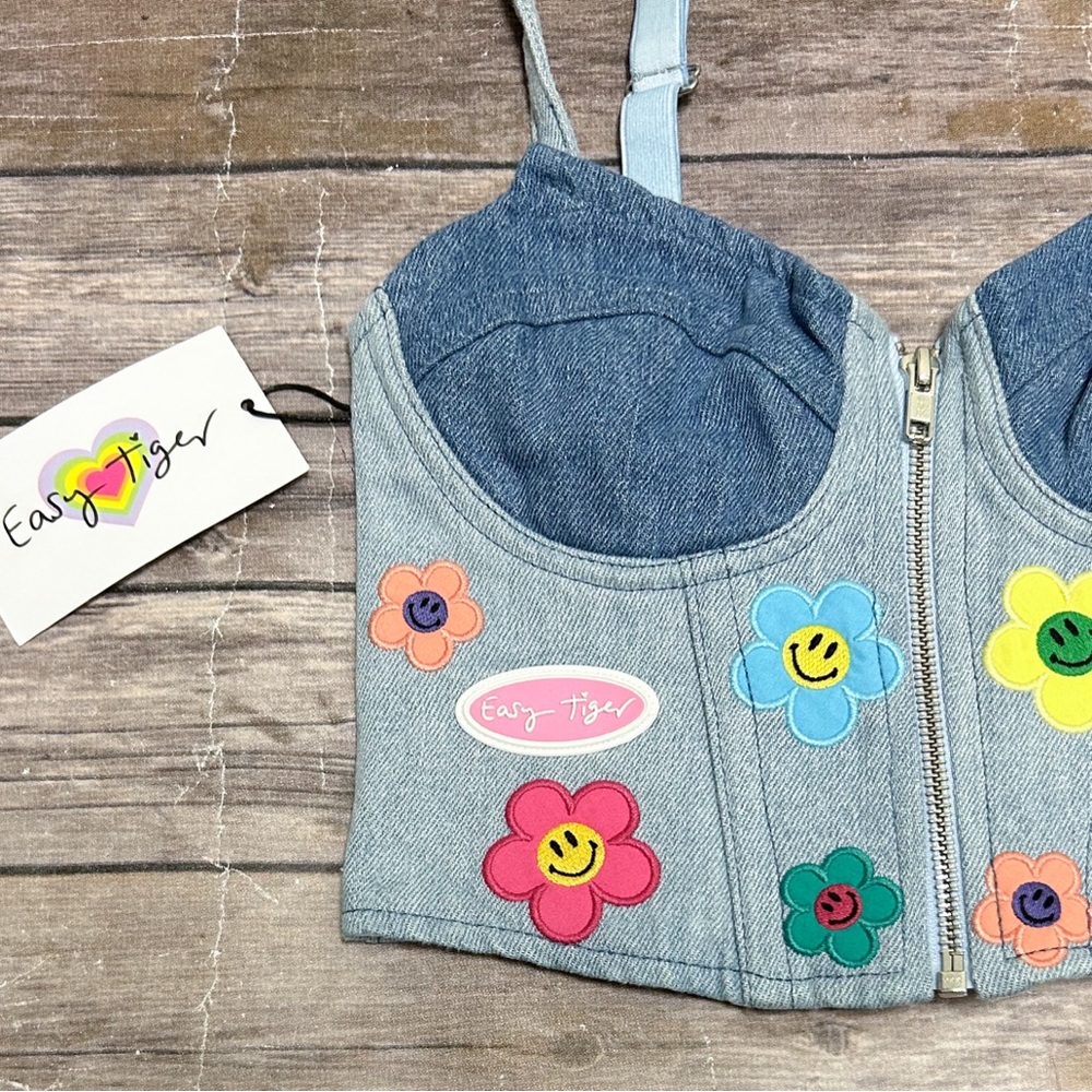 Easy Tiger Denim Flower Power Smiley Face Patches Zip Up Cropped Bustier XS NWT - Picture 2 of 8